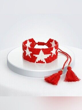 DST Red and White Star Woven Bead Bracelet